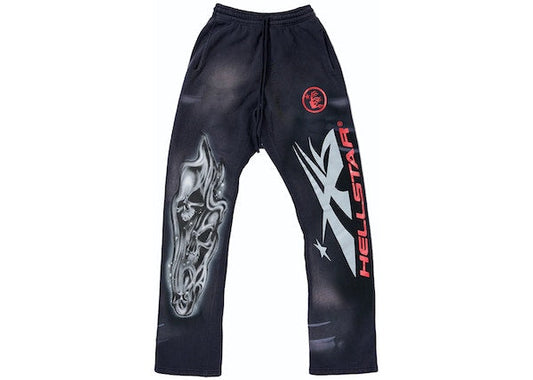 Hellstar Airbrushed Skull Flare Bottom Sweatpants Midnight Dye Black